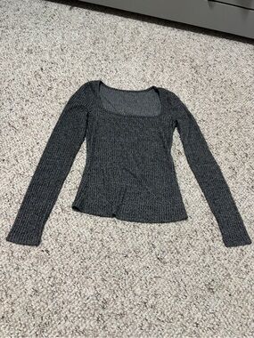 SHEIN Charcoal Ribbed Scoop-Neck Long Sleeve Top
